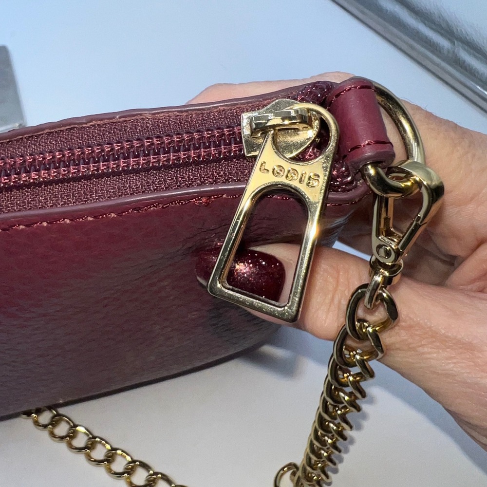 Lodis Burgundy Pebble Leather Crossbody Bag Gold Chain Strap Zip Top - Picture 5 of 11